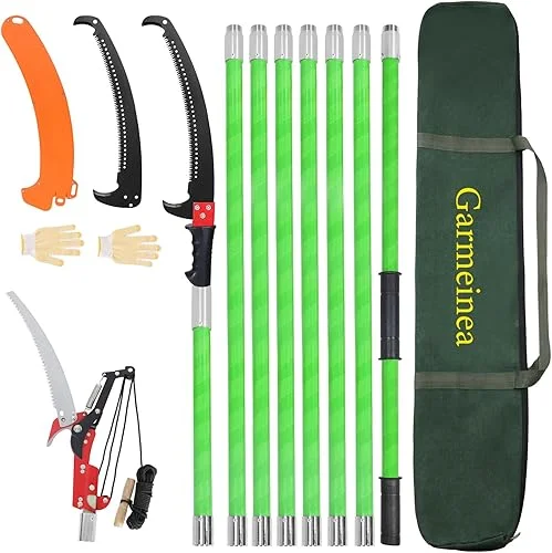 26Ft Manual Pole Saw, Tree Pole Pruner, High Branches Trimmer Saw, Garden Tools Set, Extendable Tree Trimming High And Low, Sharp Blade and Scissors With Storage Bag, Cutting for Palms and Shrubs