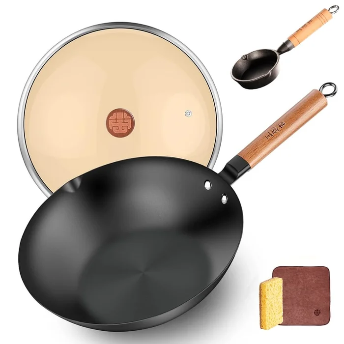 28CM 2 IN 1 Carbon Steel Wok with Lid Flat Bottom Woks And Stir Fry Pans No Chemical Coated With Small Iron Frying Pan