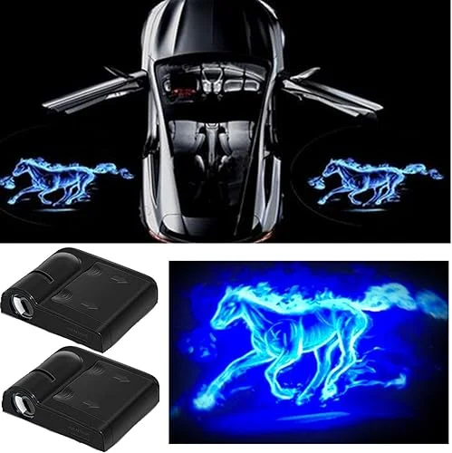 2Pcs 3D Blue Horse Car Door Step LED Welcome Logo Shadow Ghost Light Projector Lamp, No Drill Car Door Courtesy Lights Fits All Car Models