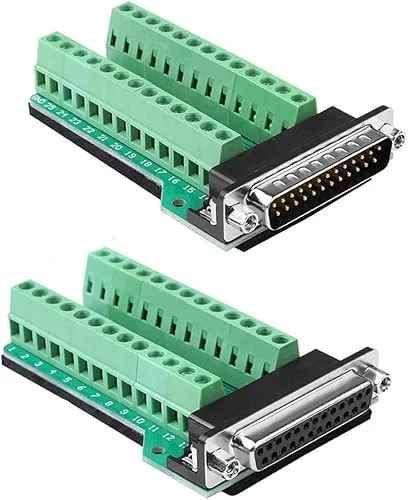 2Pcs DB25 Male Female Breakout Board Connector, RS232 D-SUB Serial 25 Pin Port Terminal Solderfree Adapter with Nut