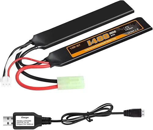 2S Airsoft Battery 7.4V 1400mAh Lipo Battery with Mini Tamiya Plug Rechargeable 30C High Discharge Rate Lipo Battery with Charger Fit for Airsoft Model Guns
