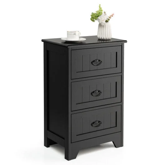 3 Drawers End Storage Wood Side Nightstand-Black