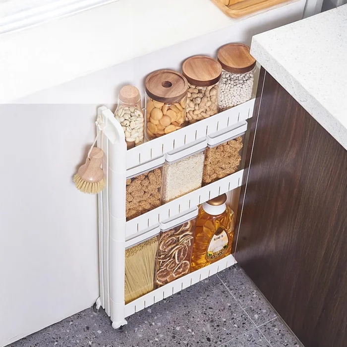 3-Layer Gap Storage Cabinet with Wheels and Hooks 45×10×73cm