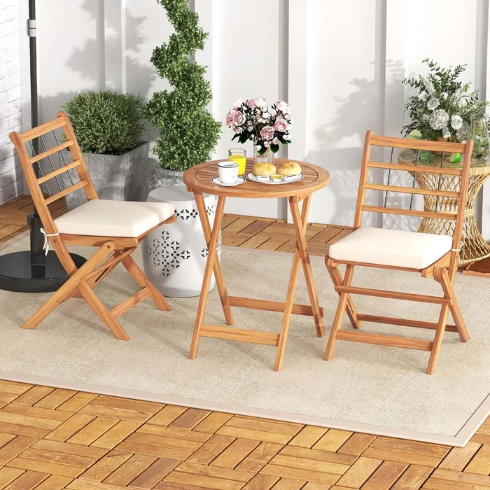 3-Piece Acacia Wood Patio Bistro Set with Cushions