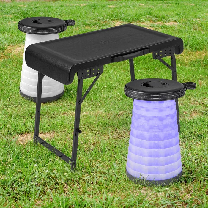 3-Piece Folding Camping Table Stool Set with 2 Retractable LED Stools
