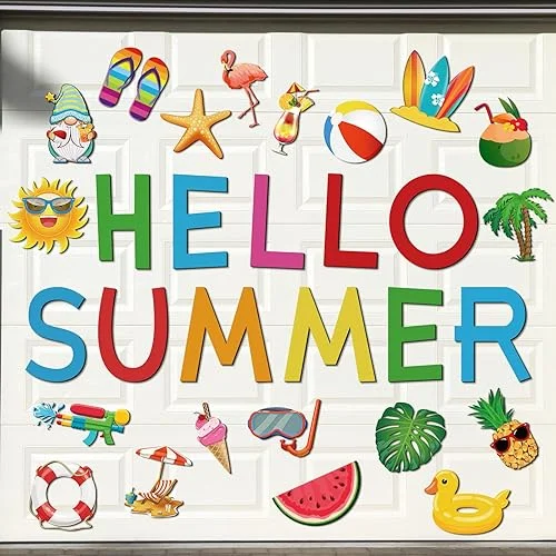 30 Pcs Hello Summer Garage Door Decoration Magnets Summer Garage Door Magnets Sun Gnome Car Refrigerator Magnetic Flamingo Palm Tree Magnetic Stickers for Luau Party Car Garage Decor