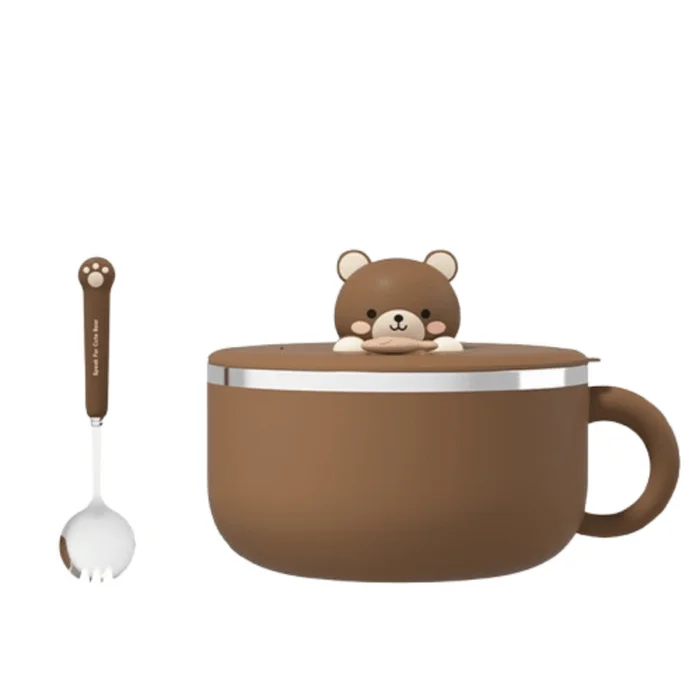 304 stainless steel instant noodle bowl with lid and filter for instant noodles Bear bowl and spoon set 2 pieces