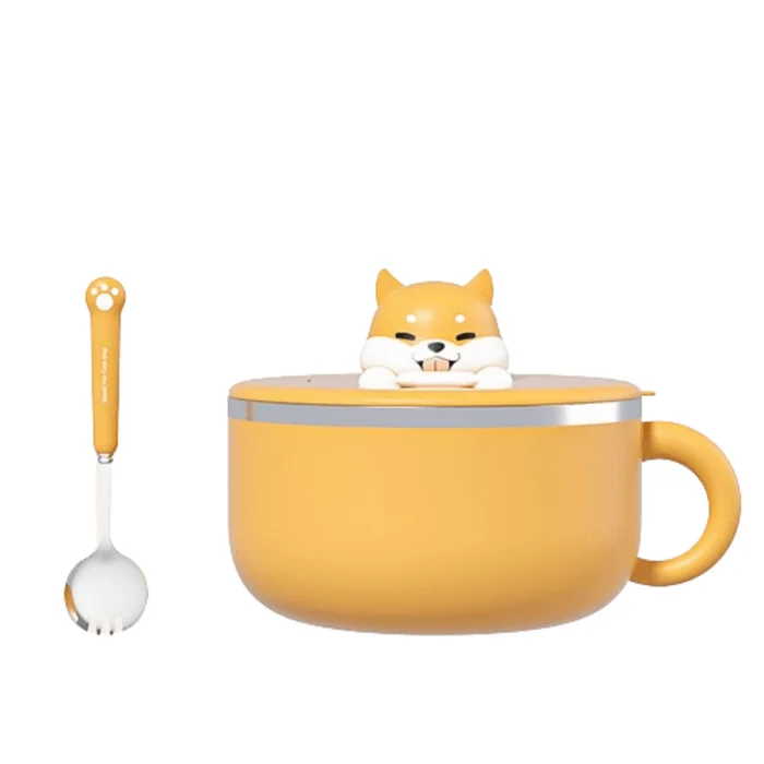304 stainless steel instant noodle bowl with lid and filter Shiba Inu bowl and spoon set 2 pieces