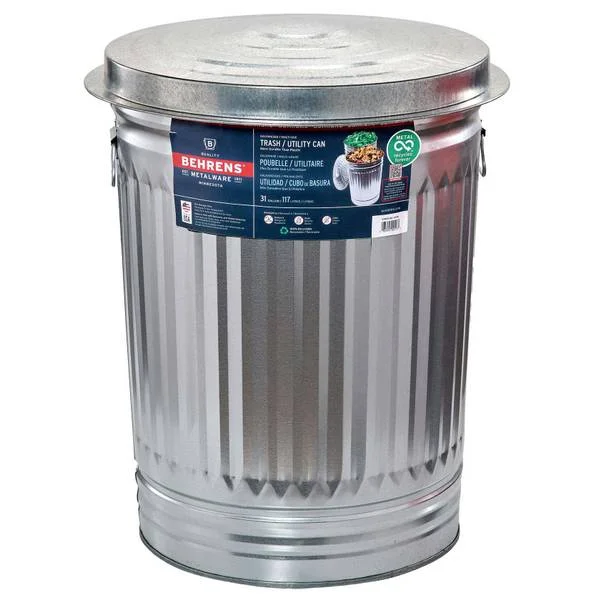 31 Gal Galvanized Trash Can, Storage, Rust/Fire/Heat Resistant, Silver