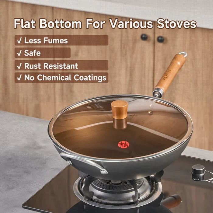 34CM Chinese Carbon Steel Wok And 26CM Carbon Steel Pan with Lid Flat Bottom No Chemical Coated for All Stoves
