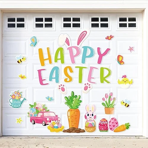 34PCS Easter Magnets Garage Door Decorations – Magnetic Refrigerator Car Magnet Outdoor Holiday Decor(Happy Easter)