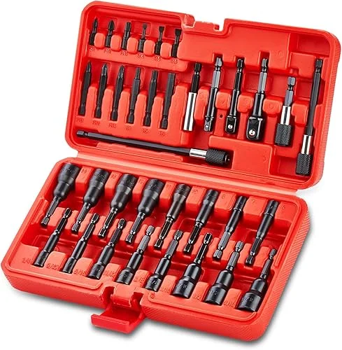 35Pcs Magnetic Nut Driver Set, Nut Driver Set for Impact Drill, 1/4′ Quick-Change Hex Shank | SAE & Metric | Cr-V Steel, Magnetic Screwdriver Bit W/Drill Bit Extension & Drill Bit Adapter