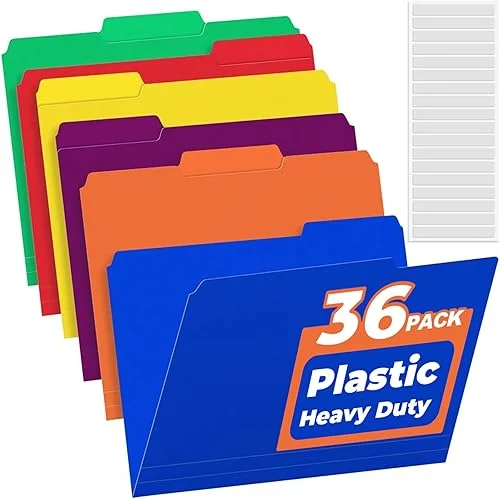 36 Pack Plastic File Folders Colored with Sticky Labels, Sooez Heavy Duty Letter Size Colored File Folders with Erasable 1/3-Cut Tab, Stronger Than Manila File Folder, Perfect for File Organization