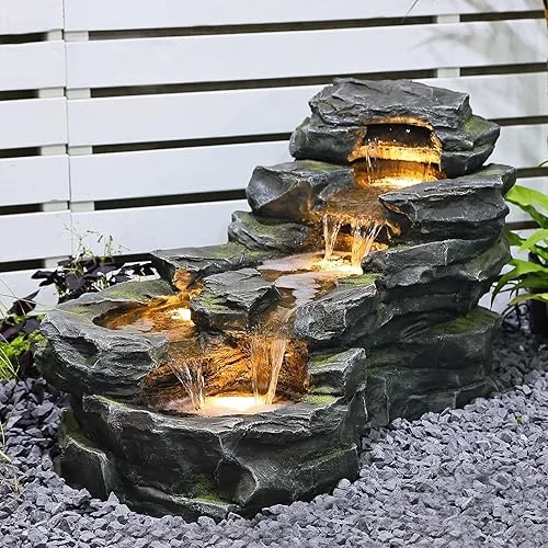 37′ L Garden Outdoor Water Fountain, Floor Standing 5-Tiers Rock Natural Waterfall Outdoor Fountains with LED Lights for Patio, Porch, Home Art Decor