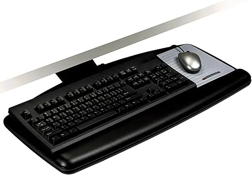 3M Keyboard Tray, Just Lift To Adjust Height And Tilt, Sturdy Tray Includes Gel Wrist Rest And Precise Mouse Pad, Swivels Side To Side And Stores Under Desk, 23′ Track, Black (AKT90LE)