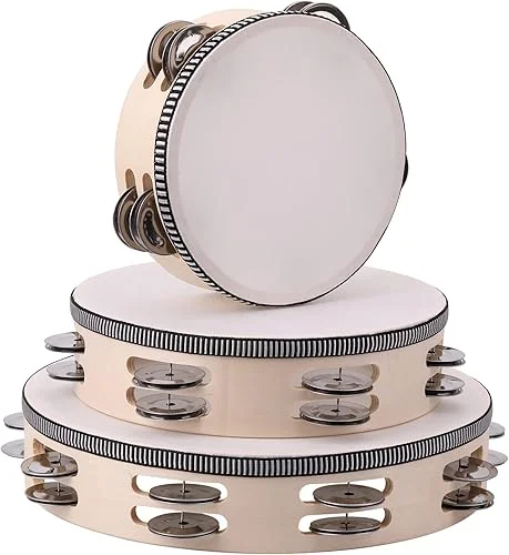 3Pack Double Row Tambourine for Adults 6 Inch 8 Inch 10 Inch Wooden Tambourines Hand Held Drum Bell Tambourine with Metal Jingles, Percussion Musical Instruments Hand Tambourine for Church, Party