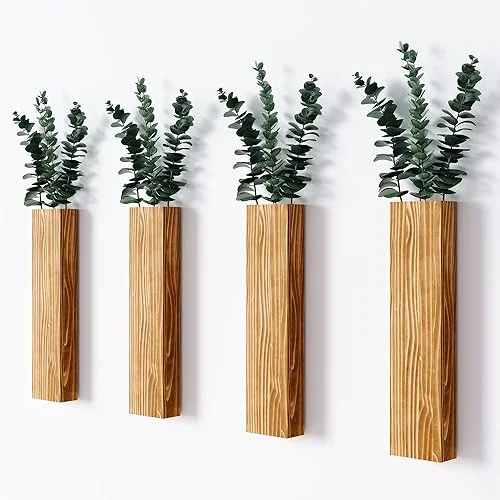 4 Pack Wood Wall Decor, Boho Wall Planter for Living Room, Modern Farmhouse Pocket Wall Vase for Fake Greenery Flowers, Hanging Wooden Wall Planters Art Decorations for Bathroom Bedroom