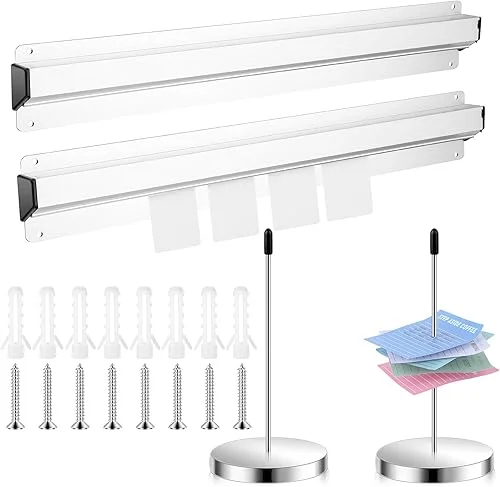 4 Pcs Ticket Holder for Restaurant Set Including 2 Pcs Stainless Steel Receipt Holder Spike Ticket Spike & 2 Pcs Aluminum Slide Rack Rail for for Kitchen Restaurant Office Cafes Bar