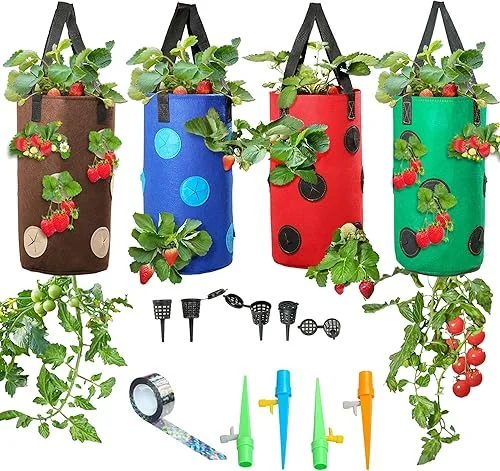 4 Piece Upside Down Strawberry & Tomato Planter – Hanging Grow Bags Kit – Strawberry Planter – Hanging Grow Bags