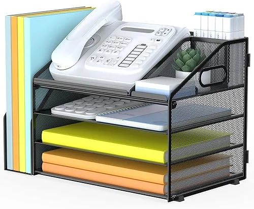 4 Tier Paper Letter Tray File Organizer with Pen Holder, Mesh Desk Organizer, Office Storage Accessories – Black