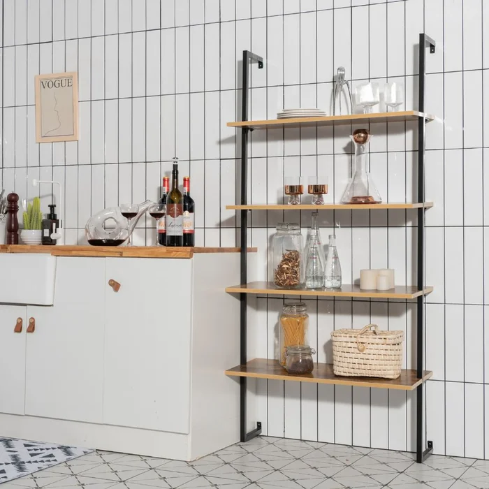 4-Tier Wall-Mounted Industrial Ladder Bookshelf with Metal Frame