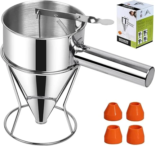 40 OZ Pancake Batter Dispenser with 4 Leakage nozzles, Multi-Caliber Stainless Steel Funnel Cake Dispenser with Stand Great for Pancakes,Cupcakes,Chocolate Balls and Baked Goods (1200ml)