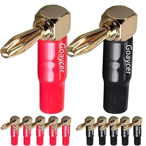 4mm Banana Plugs Right Angle 6 Pairs, 24k Gold Plated 90 Degree Speaker Connector (12Pcs)