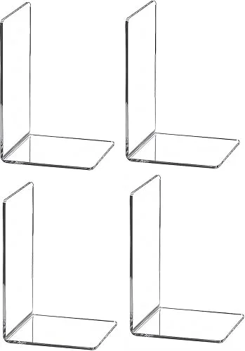 4pcs Clear Book Ends for Heavy Books,Acrylic Book Shelf Organizer for Desk,Plastic Heavy Duty Book Holders Stand and Invisible Bookshelf Dividers Decorative,Suitable for Office Home Weighted Bookends