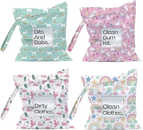 4Pcs Cloth Diapers Wet Dry Bag, Wet Bag, Diaper Bag Organizer, Dry Bags Waterproof, Travel Laundry Beach Daycare Pool Yoga Gym Bag for Swimsuits Dirty Wet Clothes, Unicorn Flamingo Rainbow Patterns