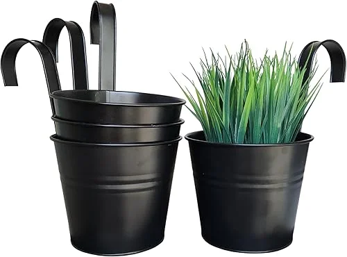 4pcs Iron Large Hanging Planters For Outdoor Plants – 6.3′ Flower Pots, Hanging Plants, Railing Planter Boxes Outdoor, Over The Garden Wall w/ Drainage Hole, Detachable Hook – Outdoor Planter (BLACK)