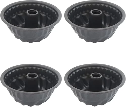 4Pcs Mini Bundt Cake Pan Set, Fluted Tube Baking Pan 4 Inch, Nonstick Kugelhopf Cake Mold for Oven Baking, Pumpkin Cake, Jelly, Brownies – Carbon Steel, Black