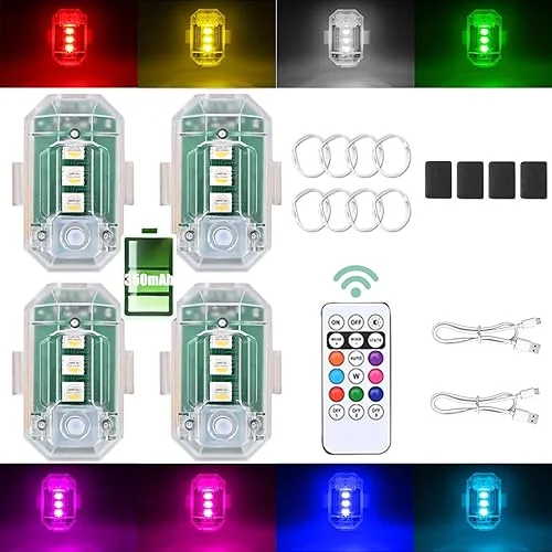 4PCS Wireless LED Strobe Lights with Remote Control, Upgraded to 350 mAh USB Rechargeable 8-Color High Brightness Waterproof Anti-Collision Warning Lights for Car, Motorcycle, Drone, Truck, Bike