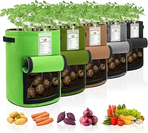 5-Pack Colorful 10 Gallon Potato Grow Bags, Upgraded Heavy Duty Potato Grow Bags with Flap and Plant Growth Record Card, Fabric Plant Pots Grow Bags for Potatoes, Tomato, Vegetables