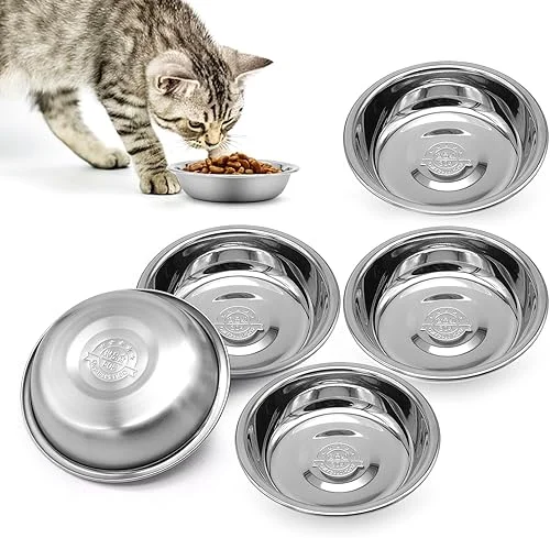 5 PCS Cat Bowls Whisker Friendly, Shallow Wide Flat Cat Food Bowls Stainless Steel,Metal Cat Dishes Whisker Fatigue Relief,Replacement Basic Cat Plates for Elevated Stand,Dishwasher Safe…