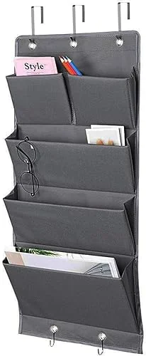 5 Pockets Over the Door Organizer and Storage Hanging with Hooks, Wall Mount Office Supplies File Folders Document Holder for Notebooks, Paper,Supplies, Closets, Families, Filing (Gray)