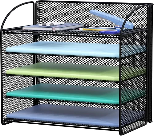 5-Tier Letter Tray Paper Organizer with Handle, Mesh Desk File Organizer Paper Sorter Holder Desktop Document Shelf Storage Organization for Office, Home or School, Black