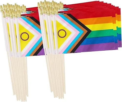 50 Pack Small New Intersex Progress Pride Rainbow Gay Stick Flag Mini Hand Held LGBTQ Flags Decorations 5x8inch