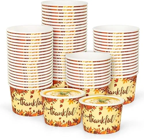 50Pcs Fall Thanksgiving Snack Cups Thankful Maple Leaves Disposable Paper Bowls Autumn Decorative Fall Candy Ice Cream Dessert Soup Bowls for Hot Cold Food Treats Cupcakes Party Supplies