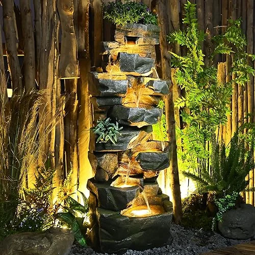 58Inch Outdoor Garden Water Fountain 6 Tiers Large Cascading Rock Natural Waterfall Fountain Outdoor Fountain with LED Lights for Patio Porch Backyard Home Art Decor