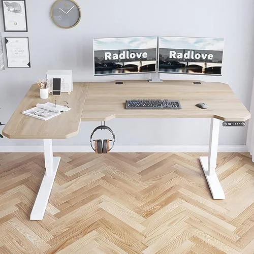 59-Inch Large Electric Height Adjustable Computer L-Shaped Desk with Memory Controller Corner Standing Desk Modern Workstation with Splice Board Ergonomic Desk (White Frame + Oak Top)