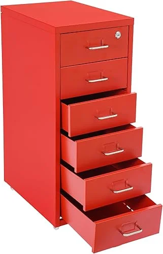6 Drawer File Cabinet with Lock and Wheels, Vertical Mobile Metal Office Filing Cabinets for Home Office Storage Organizer Letter Legal Accessories 11x 16 x 27 Inch Red