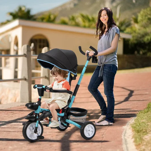 6-in-1 Detachable Kids Baby Stroller Tricycle with Canopy and Safety Harness-Blue
