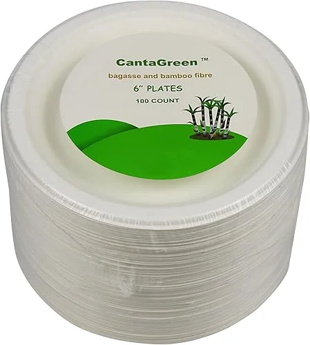 6 inch Small Compostable Dessert Plates,100 Count Heavyduty Sugarcane/Bagasse and Bamboo Fibre Biodegradable Disposable Paper Plate