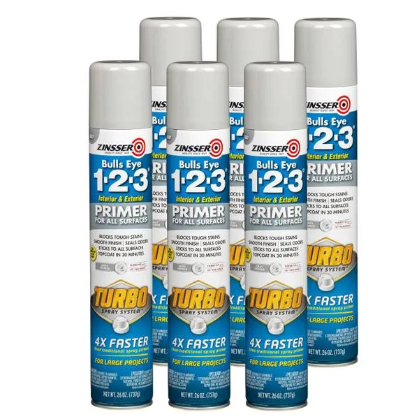 6-Pack 26 oz Bulls Eye 1-2-3 TURBO Flat Gray All Purpose Spray Primer