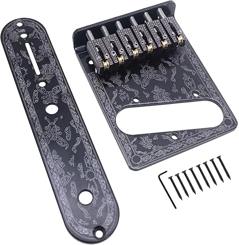 6 String Telecaster Bridge Plate 3 Way Switch Control Plate Set with Beautiful Decorative Pattern for Tele Telecaster Electric Guitars Replacement Parts Black