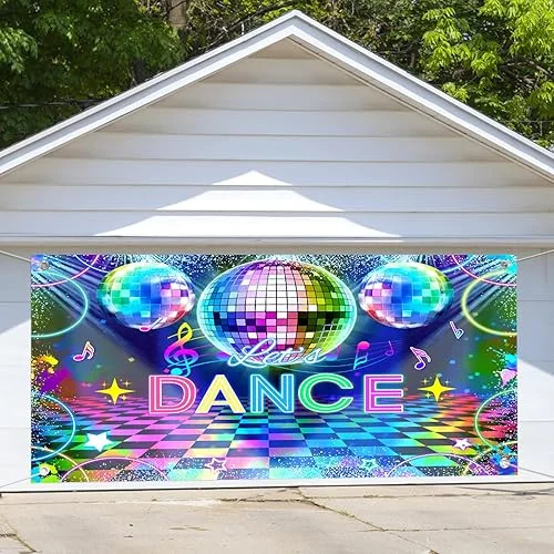 6X13ft Disco Party Garage Door Decoration Background Let's Dance Neon Disco Colorful Musical Party Backdrop Kids Hip Hop Dancing Birthday Decorations Banner Cover