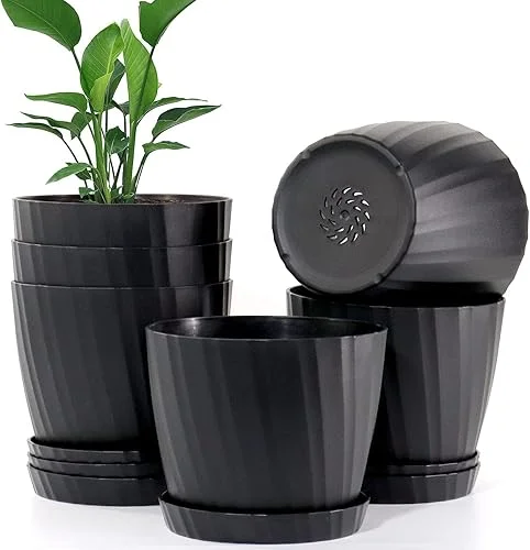 7'' Plant Pots Bulk, 6 Pack Plastic Planters with Drainage Holes and Saucers for Indoor Outdoor House Plants and Flowers, Black