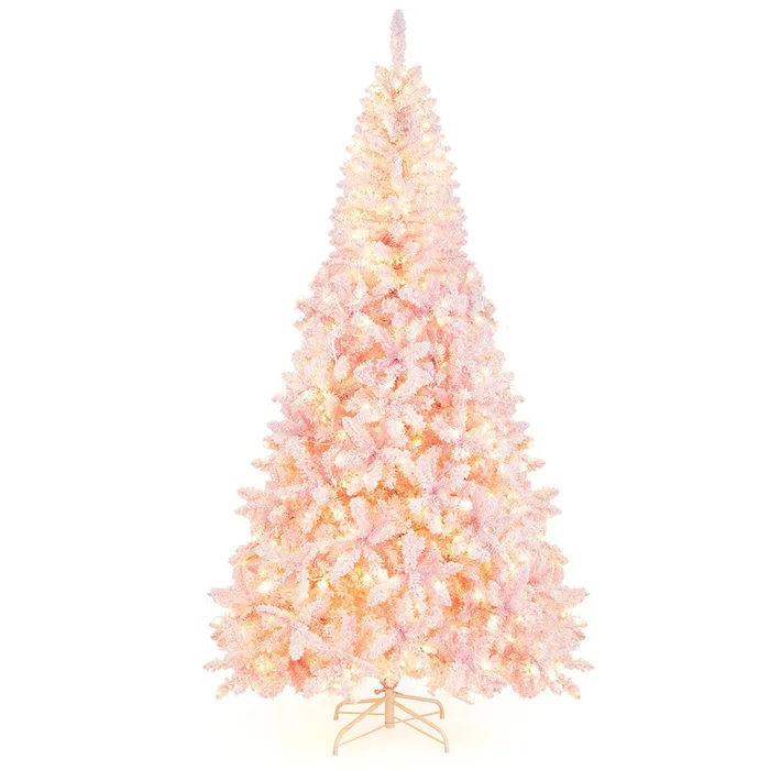 7.5FT Pre-Lit Snow Flocked Pink Christmas Tree