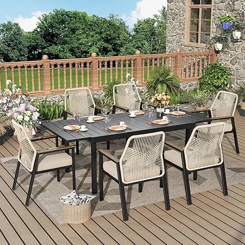 7 Pieces Outdoor Patio Dining Set, Wicker Patio Table and Chairs Set of 6, Rattan Chairs with 3.1′ Cushion and Extendable Rectangular Table for Backyard, Porch,Beige
