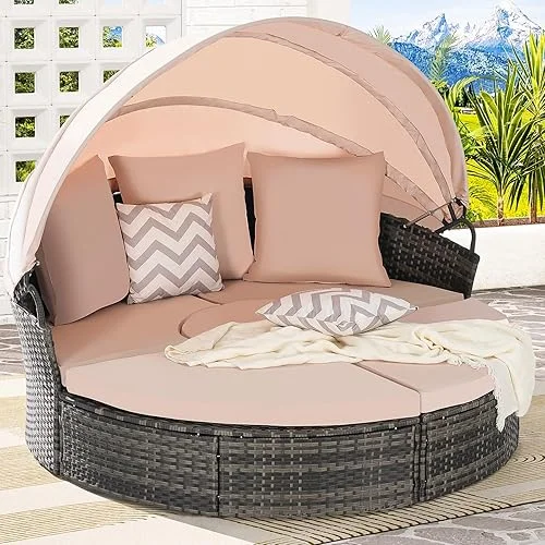 70.8'' Outdoor Patio Round Couch Daybed Sectional Sofa Set, Wicker Conversation Set with Retractable Canopy, Soft Cushions, and Storable Table for Lounge in Porch Backyard (Dark Gary)